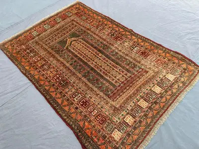 3x5 Antique Afghan Baluchi Rug | Hand-Knotted Wool Carpet | Terracotta Faded Design | Tribal Prayer Style Vint