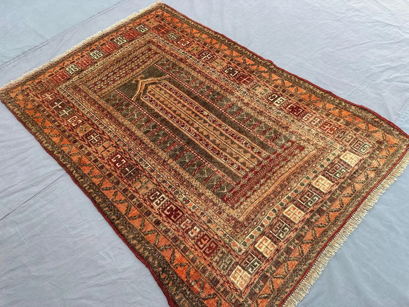3x5 Antique Afghan Baluchi Rug | Hand-Knotted Wool Carpet | Terracotta Faded Design | Tribal Prayer Style Vintage Decor Rug, Moss rug