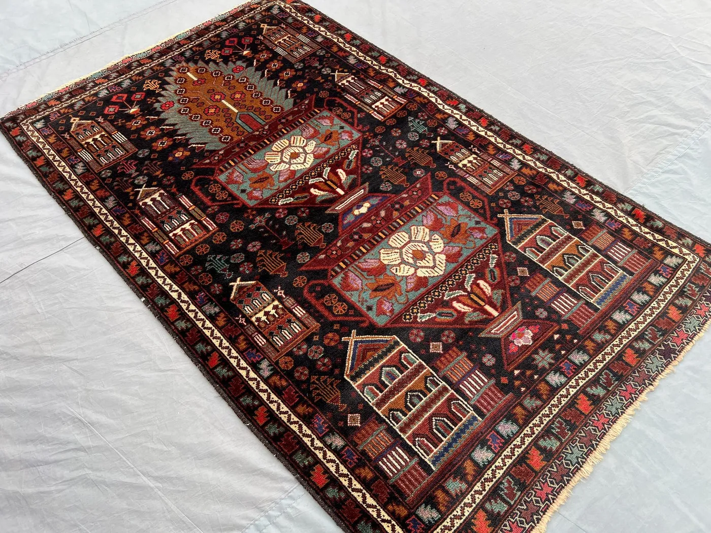 Antique Baluchi Rug 3x5 | Hand Knotted Wool Tribal Carpet | Pictorial Floral Pot Design | Afghan Nomadic Art Rug for Wall or Floor Decor
