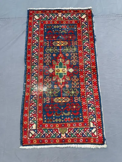 2'4x4'4 ft Semi Antique Kazak Rug | Caucasian Tribal Rug No Pile | Distressed Faded Area Rug | Boho Decor | Ha