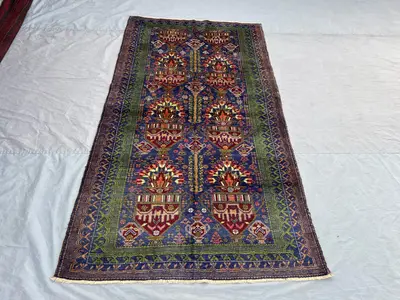 5x8 Afghan Baluch Rug | Antique Floral Pot Carpet | Hand Knotted Wool Rug | Boho Nomadic Runner | Navy Green R