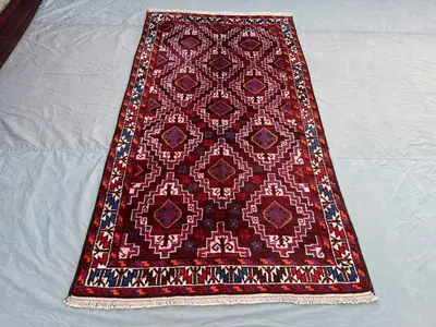 Antique Afghan Baluch Rug 4'6 x 8'3 ft | Tribal Geometric Wool Carpet | Burgundy Pink Boho Hallway Rug | Hand 