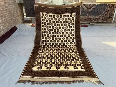 Afghan Baluch Rug 5'1x9 | Antique Hand Knotted Wool Carpet | Floral Geometric Design | Neutral Brown Cream Are