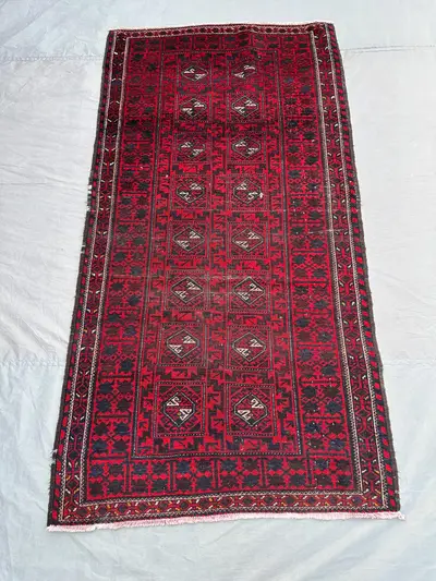 4x7 Semi Antique Turkmen Rug | Hand Knotted Ersari Tribal Carpet | Geometric No Pile Wool Rug | Distressed Kit