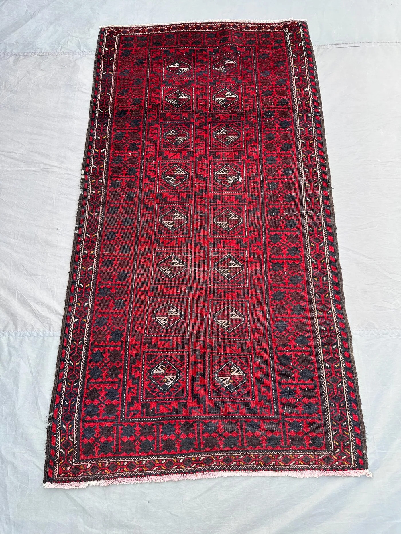 4x7 Semi Antique Turkmen Rug | Hand Knotted Ersari Tribal Carpet | Geometric No Pile Wool Rug | Distressed Kitchen Area Decor, Bukhara Rug