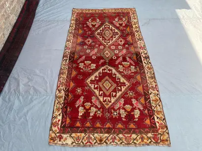 Semi Antique Tribal Rug, 4x8 Turkish Inspired Wool Carpet | Hand Knotted Caucasian Style | Red Vintage Kitchen