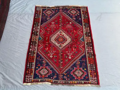 4x5 Antique Tribal Rug, Hand Knotted Wool Carpet | Turkish Style Caucasian Medallion Design | Red Vintage Area
