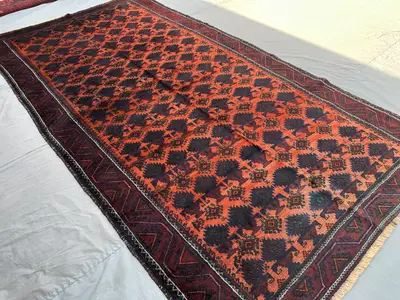 Antique Afghan Baluchi Rug 5'1x9'4 | Hand Knotted Tribal Wool Carpet | Red & Navy Nomadic Pattern | Vintage Ha