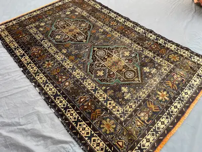4x7 Antique Afghan Rug, Hand Knotted Wool Carpet, Tribal Medallion Design, Baluchi Geometric Vintage Rug | Ori