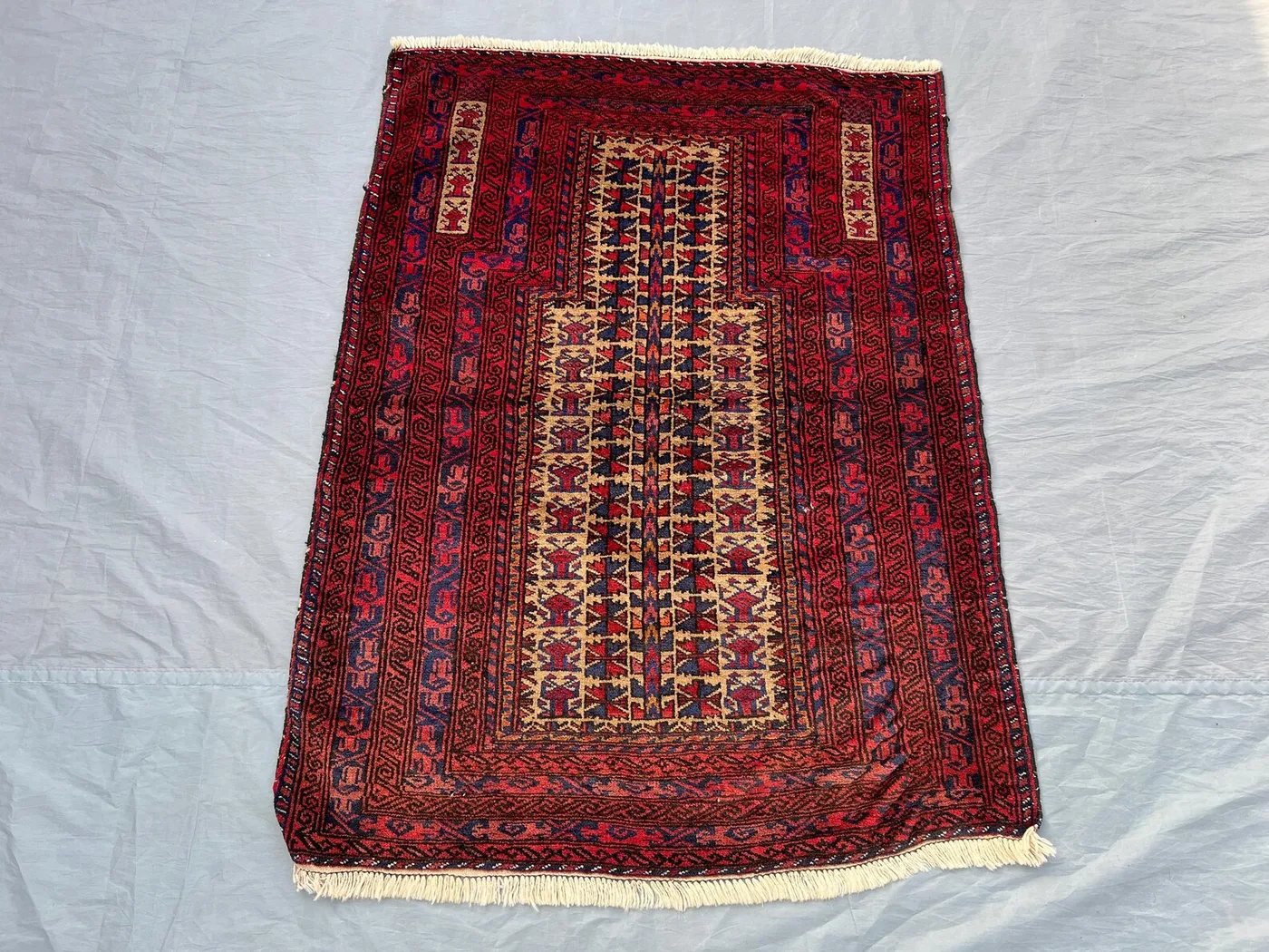 Antique Afghan Prayer Rug 3x4 | Hand Knotted Wool Baluchi Carpet | Tribal Geometric Mihrab Design | Islamic Vintage Floor Decor Rug