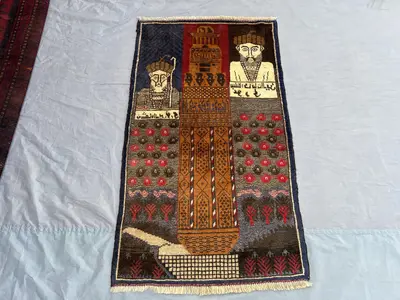 Vintage Afghan Baluchi Rug 3x5 | Pictorial Minaret Design | Hand Knotted Tribal Wool Carpet | Nomadic Wall Han