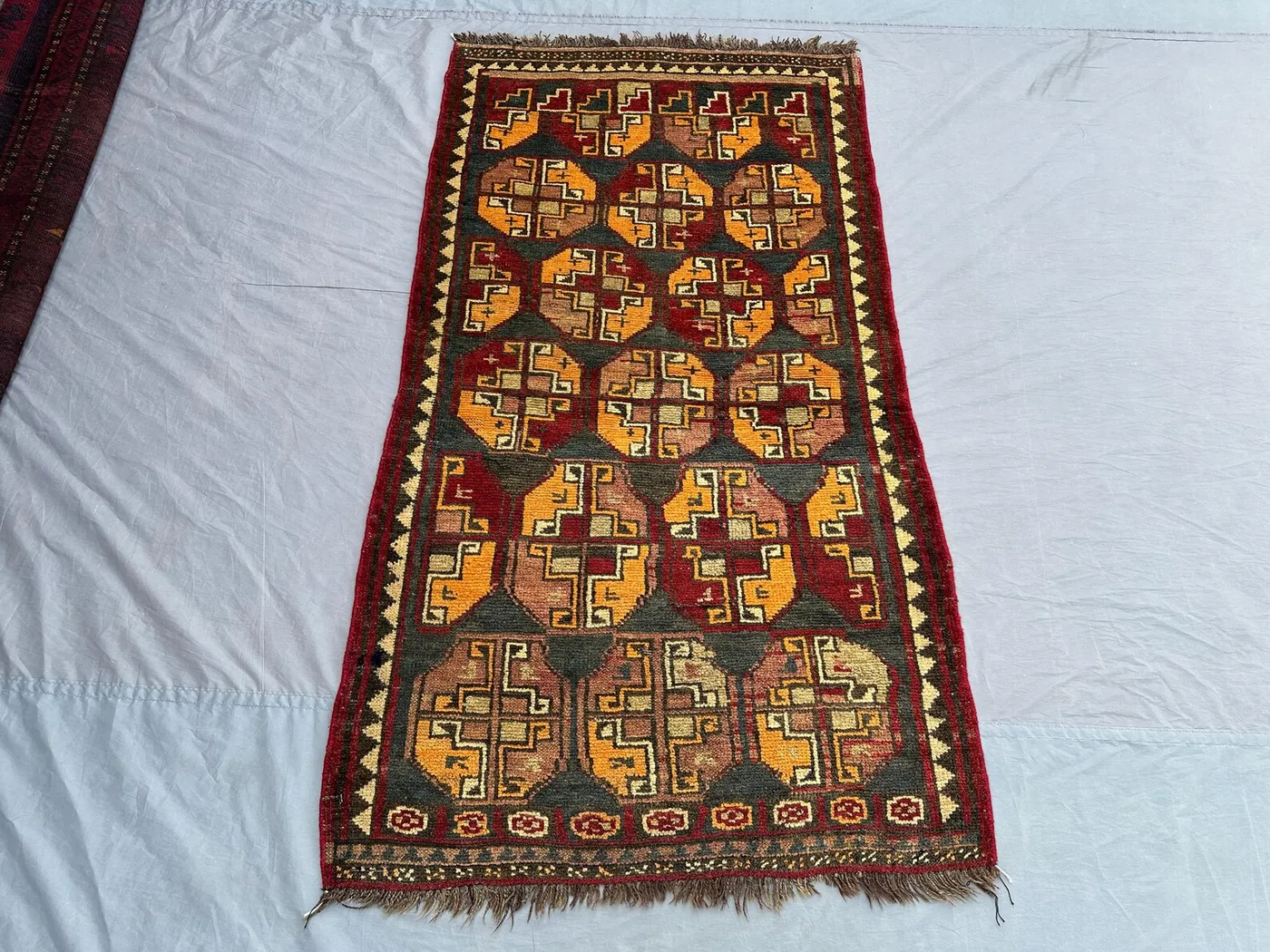 2'10 x 5'3 ft Antique Afghan Baluchi Rug | Hand-Knotted Tribal Wool Carpet | Bukhara Style Red & Gold Motifs | Vintage Nomadic Decor, Moss