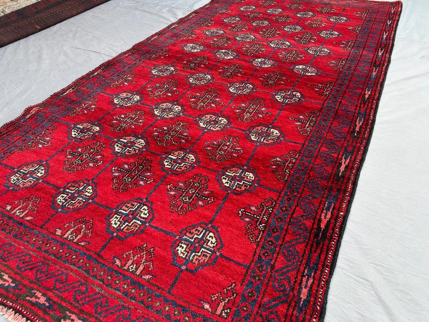 3'7 x 7'1 ft Afghan Tribal Rug, Hand-Knotted Wool Carpet | Traditional Red Geometric Pattern | Vintage Nomadic Hallway Area Rug, Kitchen rug