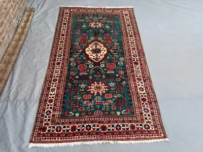 6x10 Antique Caucasian Kazak Rug, Hand Knotted Wool Area Rug | Tribal Geometric Design | Red Green Oriental Ca
