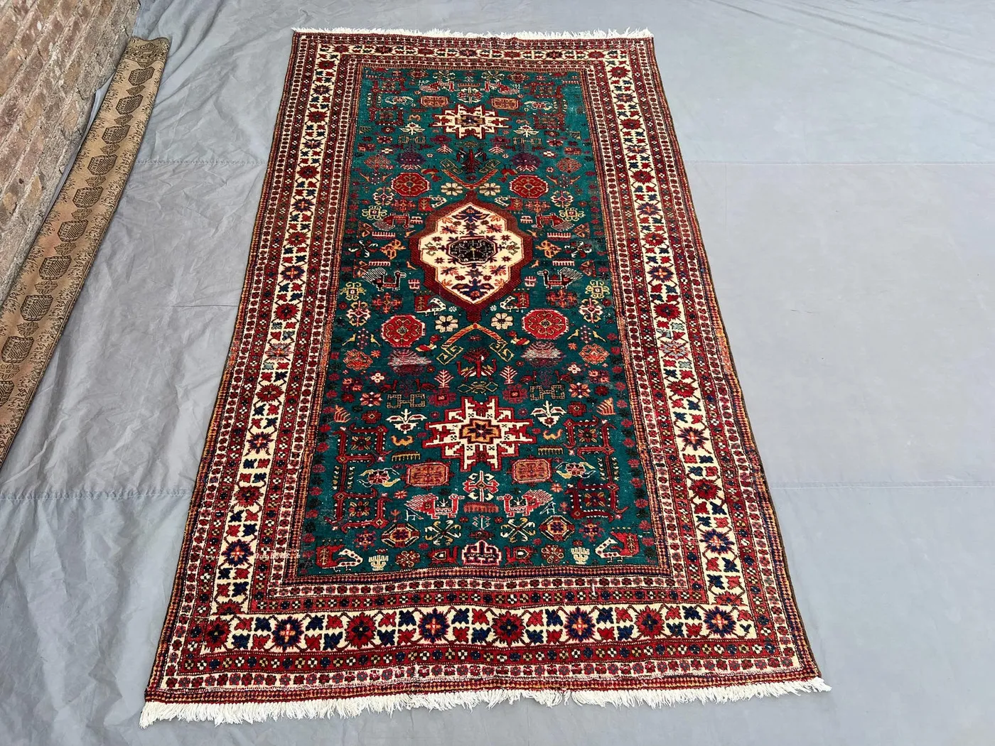 6x10 Antique Caucasian Kazak Rug, Hand Knotted Wool Area Rug | Tribal Geometric Design | Red Green Oriental Carpet | Boho Decor, Outdoor Rug