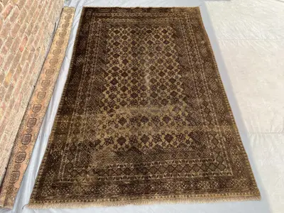 6x10 Antique Distressed Rug, No Pile Terracotta Faded Carpet | Geometric Pattern | Boho Living Room or Bedroom