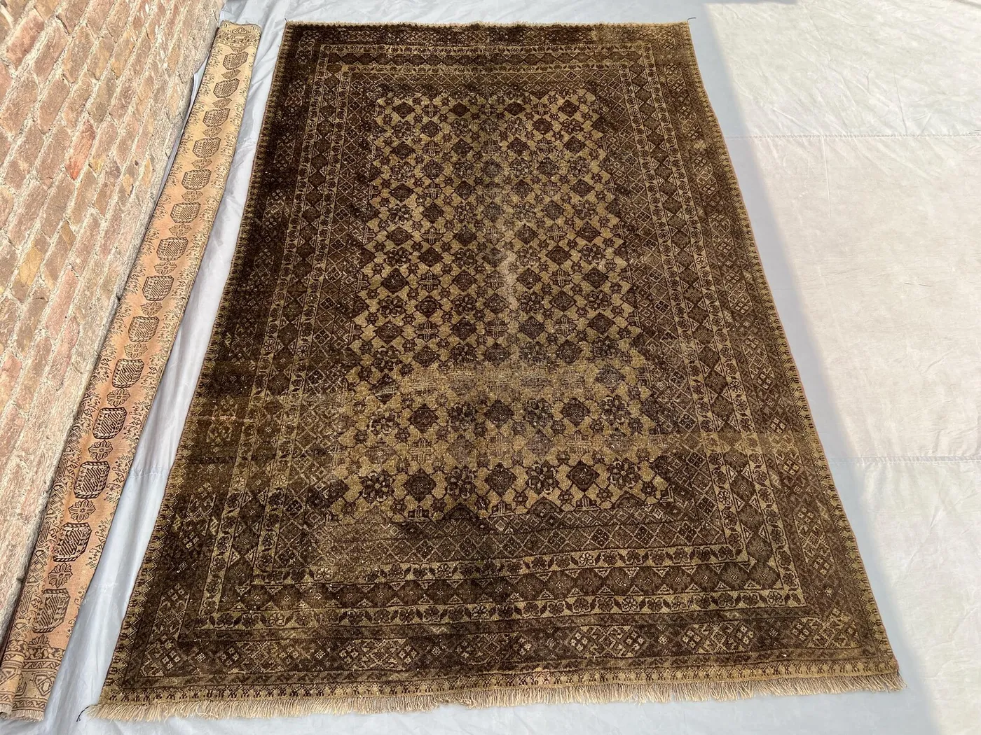 6x10 Antique Distressed Rug, No Pile Terracotta Faded Carpet | Geometric Pattern | Boho Living Room or Bedroom Area Rug, Turkmen bashiri rug