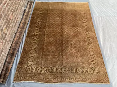 Antique Turkmen Bashiri Rug 6'5x9'2 | Handmade Wool Area Rug | Geometric Tribal Carpet | Terracotta Faded Look