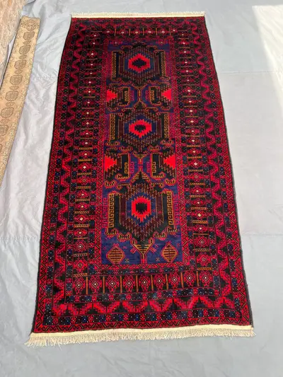 Antique Afghan Baluchi Rug 4'6x9'3 ft | Hand Knotted Tribal Wool Rug | Red Blue Geometric Carpet | Nomadic Boh