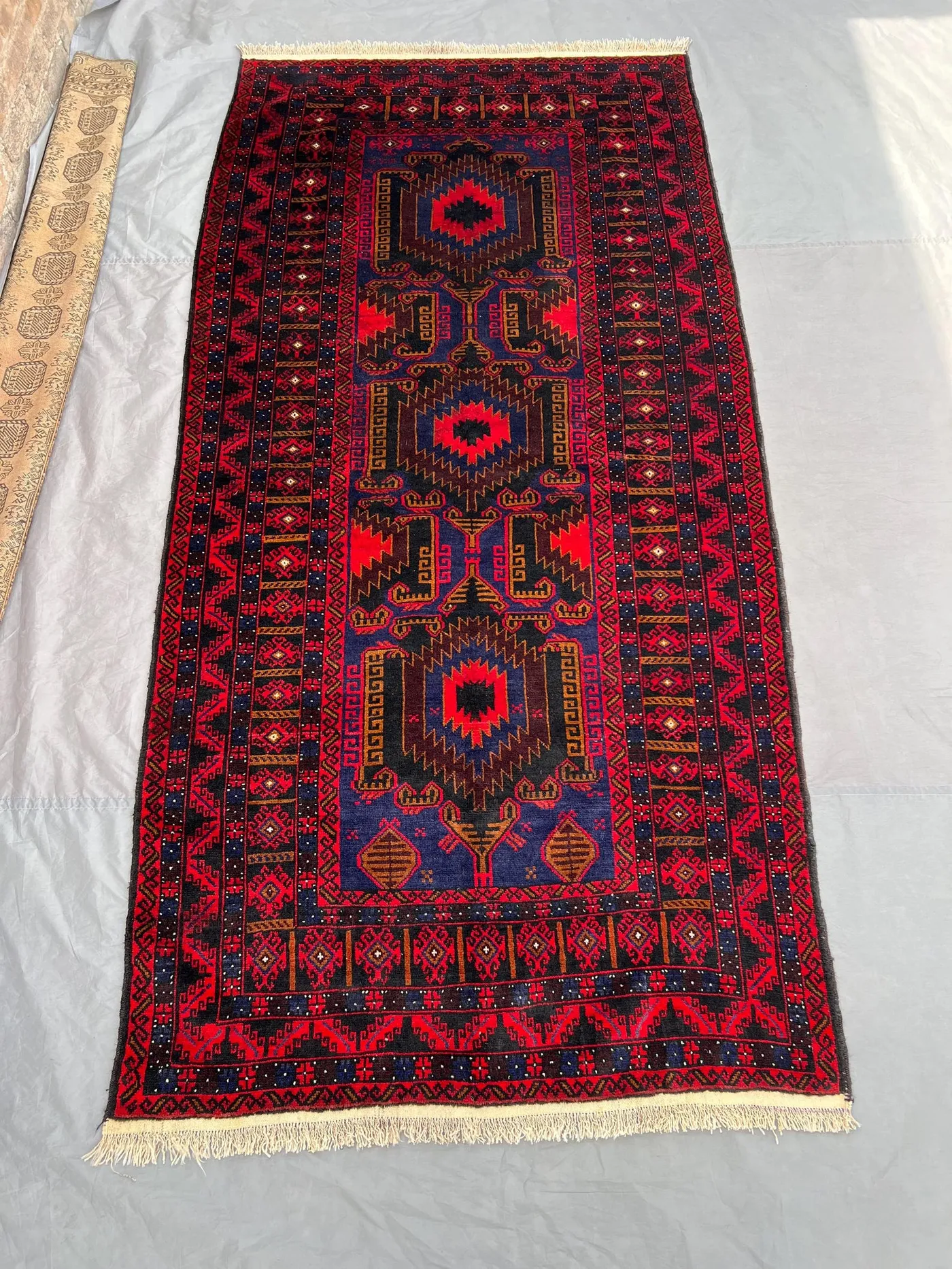 Antique Afghan Baluchi Rug 4'6x9'3 ft | Hand Knotted Tribal Wool Rug | Red Blue Geometric Carpet | Nomadic Boho Living Room Wide Rug Decor