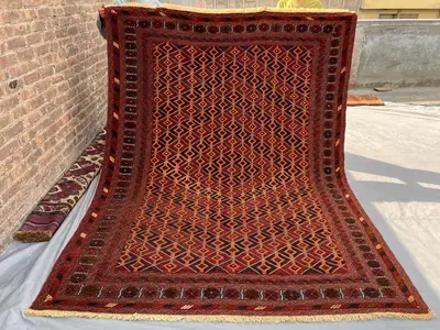 7x9 Vintage Afghan Mishwani Rug | Hand Knotted Baluch Tribal Wool Carpet | Red Geometric Nomadic Rug | Large B