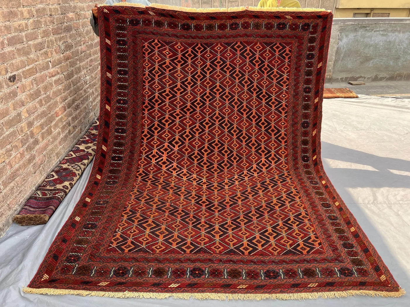 7x9 Vintage Afghan Mishwani Rug | Hand Knotted Baluch Tribal Wool Carpet | Red Geometric Nomadic Rug | Large Boho Floor Decor