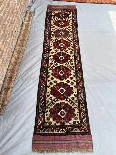 3x12 Afghan Baluchi Runner Rug | Hand Knotted Wool Hallway Carpet | Tribal Red Cream Geometric Design | Long B