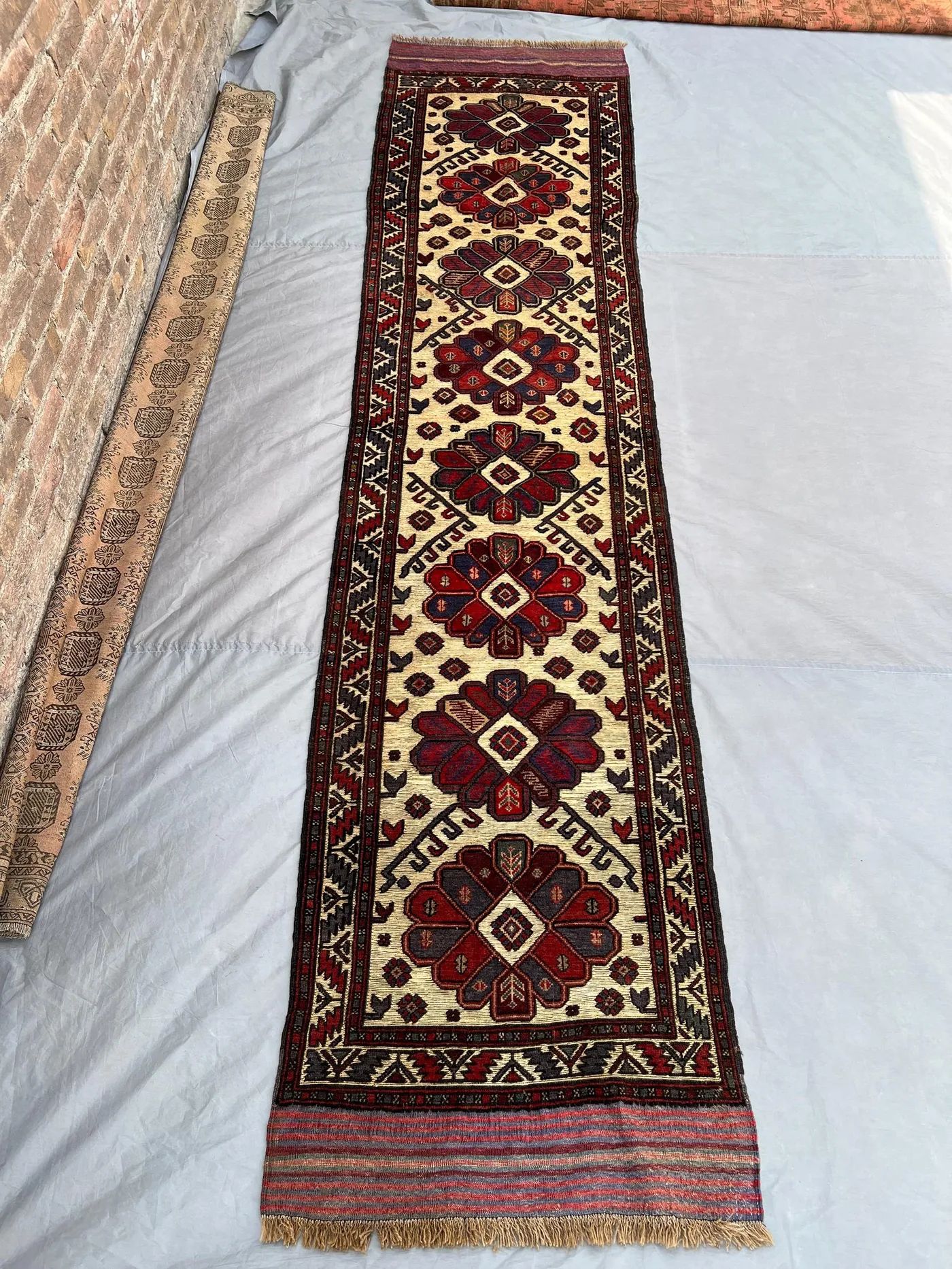 3x12 Afghan Baluchi Runner Rug | Hand Knotted Wool Hallway Carpet | Tribal Red Cream Geometric Design | Long Boho Entryway Rug, hallway rug