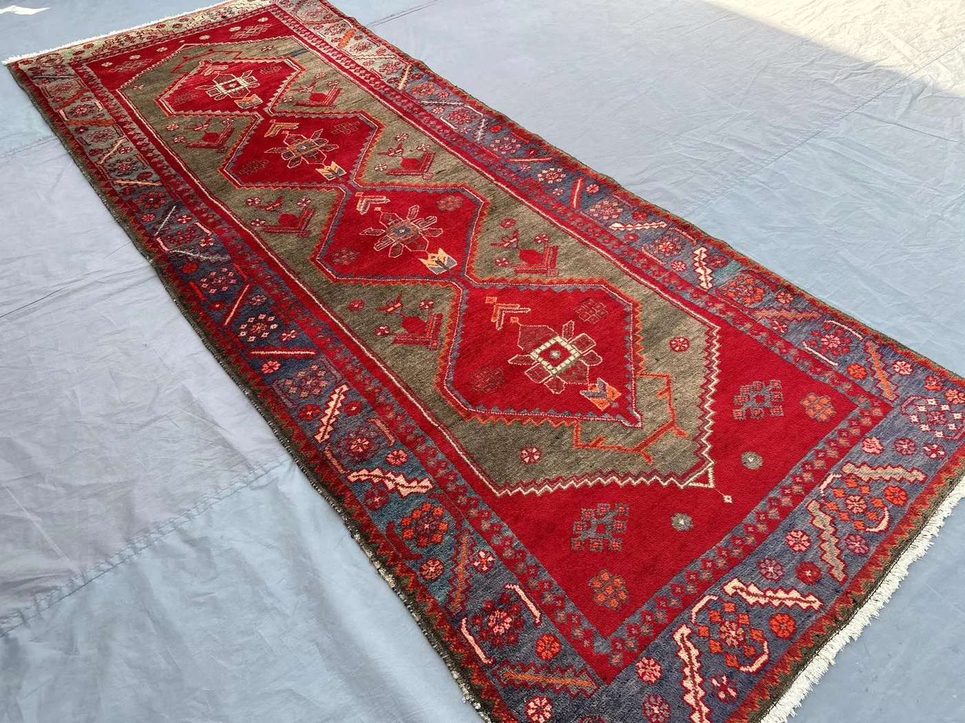 3'6 x 9'3 ft Antique Afghan Runner Rug | Hand-Knotted Wide Wool Carpet | Caucasian Medallion Design | Fine Nomadic Tribal Hallway Rug
