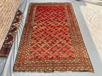 Antique Baluch Rug 6'2x9'7 ft | Hand Knotted Afghan Wool Carpet | Faded Tribal Geometric Rug | Rustic Boho Nom