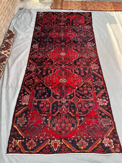 5'5x12'5 Antique Hand-Knotted Runner | Persian-Style Pole-Medallion Design | Red & Indigo Herati Field Wool Ca