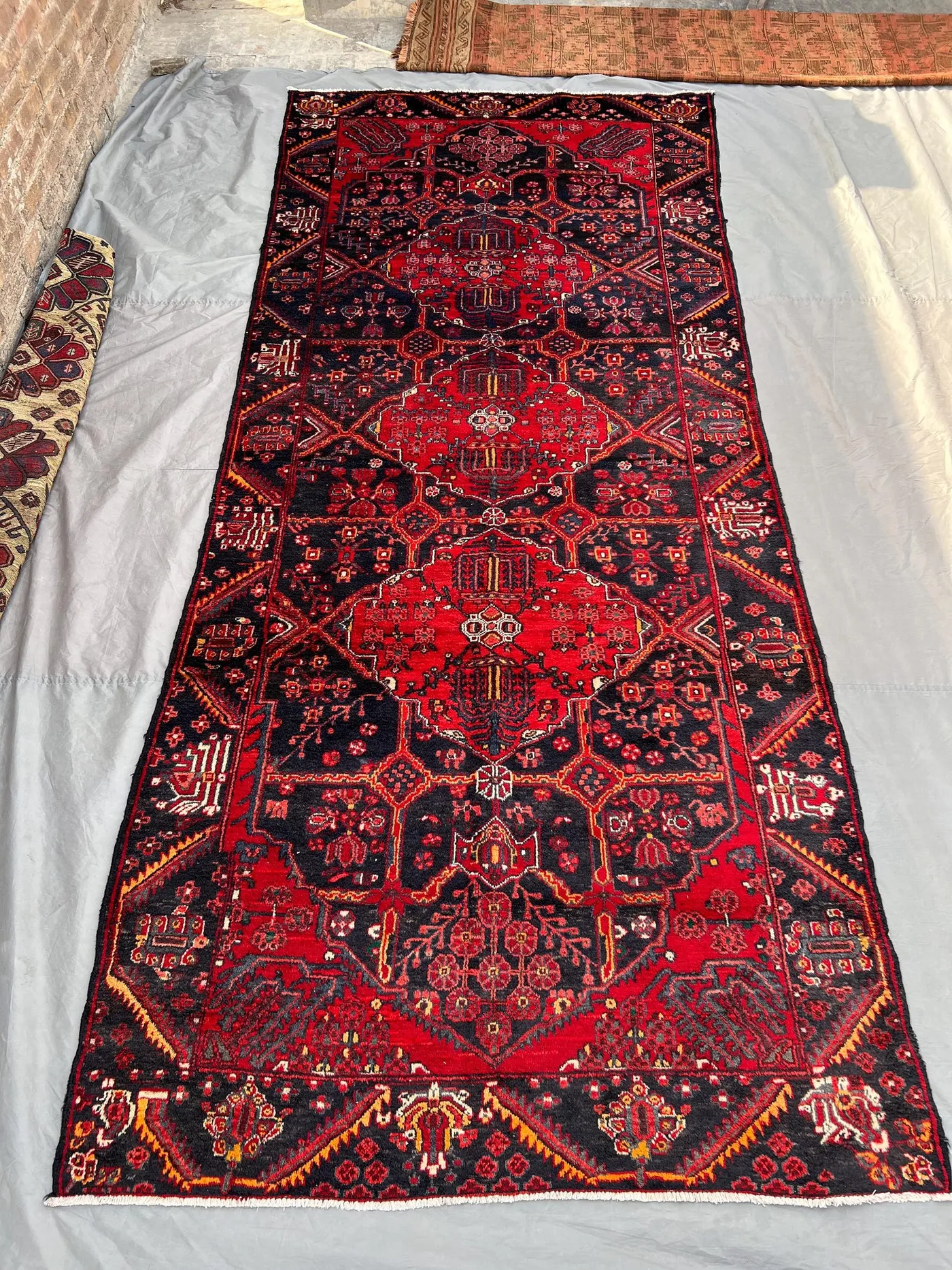 5'5x12'5 Antique Hand-Knotted Runner | Persian-Style Pole-Medallion Design | Red & Indigo Herati Field Wool Carpet | Long Hallway Rug
