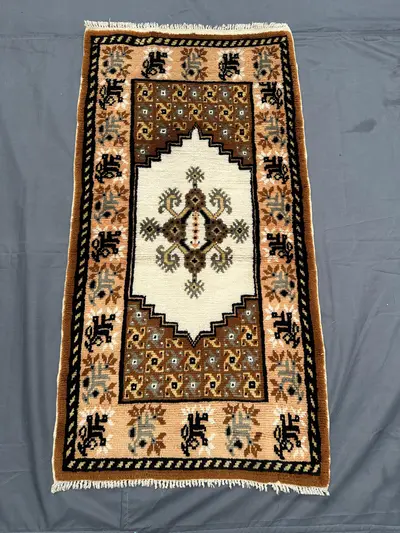 Vintage Turkish Rug | 2.3x4.3 ft Hand-Knotted Wool Accent | Cream & Brown Geometric Carpet | Small Area Rug | 