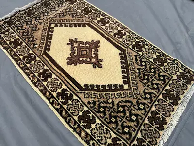 Vintage Afghan Rug | 2.1x3.7 ft Hand-Knotted Wool Accent | Cream & Brown Tribal Design | Small Geometric Rug |
