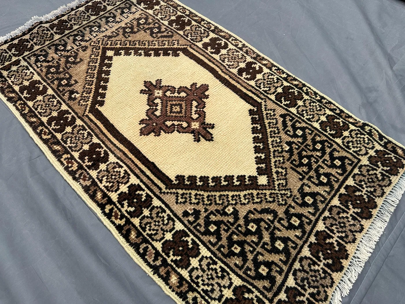Vintage Afghan Rug | 2.1x3.7 ft Hand-Knotted Wool Accent | Cream & Brown Tribal Design | Small Geometric Rug | Boho Minimalist Home Decor