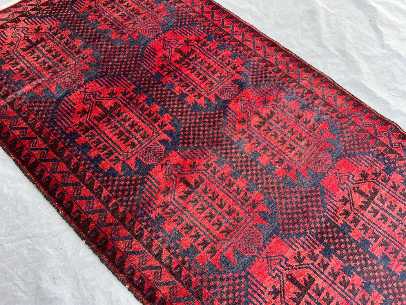 Antique Afghan Rug 3.6x6.5 ft | Hand Knotted Wool Qalamdani Design | Red Black Tribal Carpet | Vintage Oriental Rug for Entry or Living Room