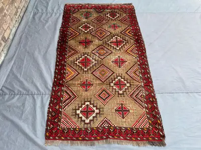 4x7 Antique Afghan Fine Rug | Hand-Knotted Wool Tribal Runner | Rustic Village Hallway Rug | Nomadic Boho Geom