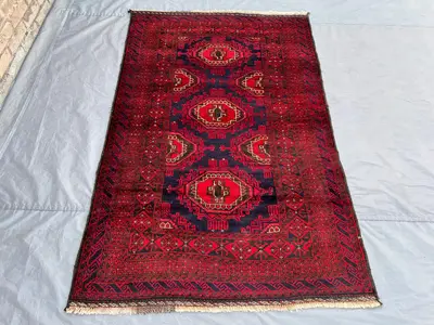Antique Turkmen Ersari Rug 4x6 | Hand-Knotted Afghan Wool Tribal Rug | Red Navy Oriental Rug | Vintage Boho No