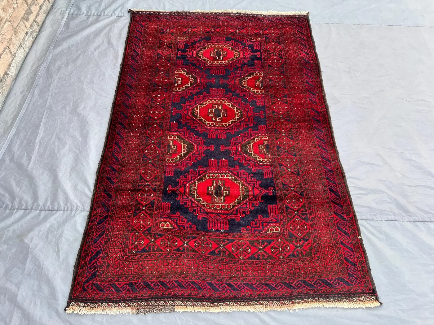 Antique Turkmen Ersari Rug 4x6 | Hand-Knotted Afghan Wool Tribal Rug | Red Navy Oriental Rug | Vintage Boho Nomadic Floor Decor, Kitchen rug