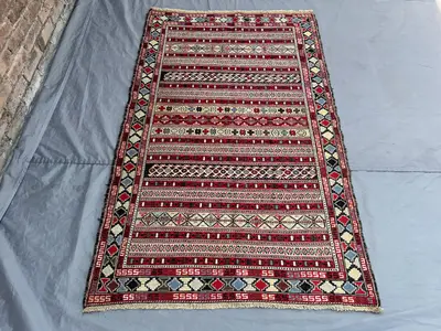 Vintage Afghan Sumak Rug 120x186 cm, Flatweave Wool Geometric Kilim | Nomadic Striped Accent Carpet | Handwove