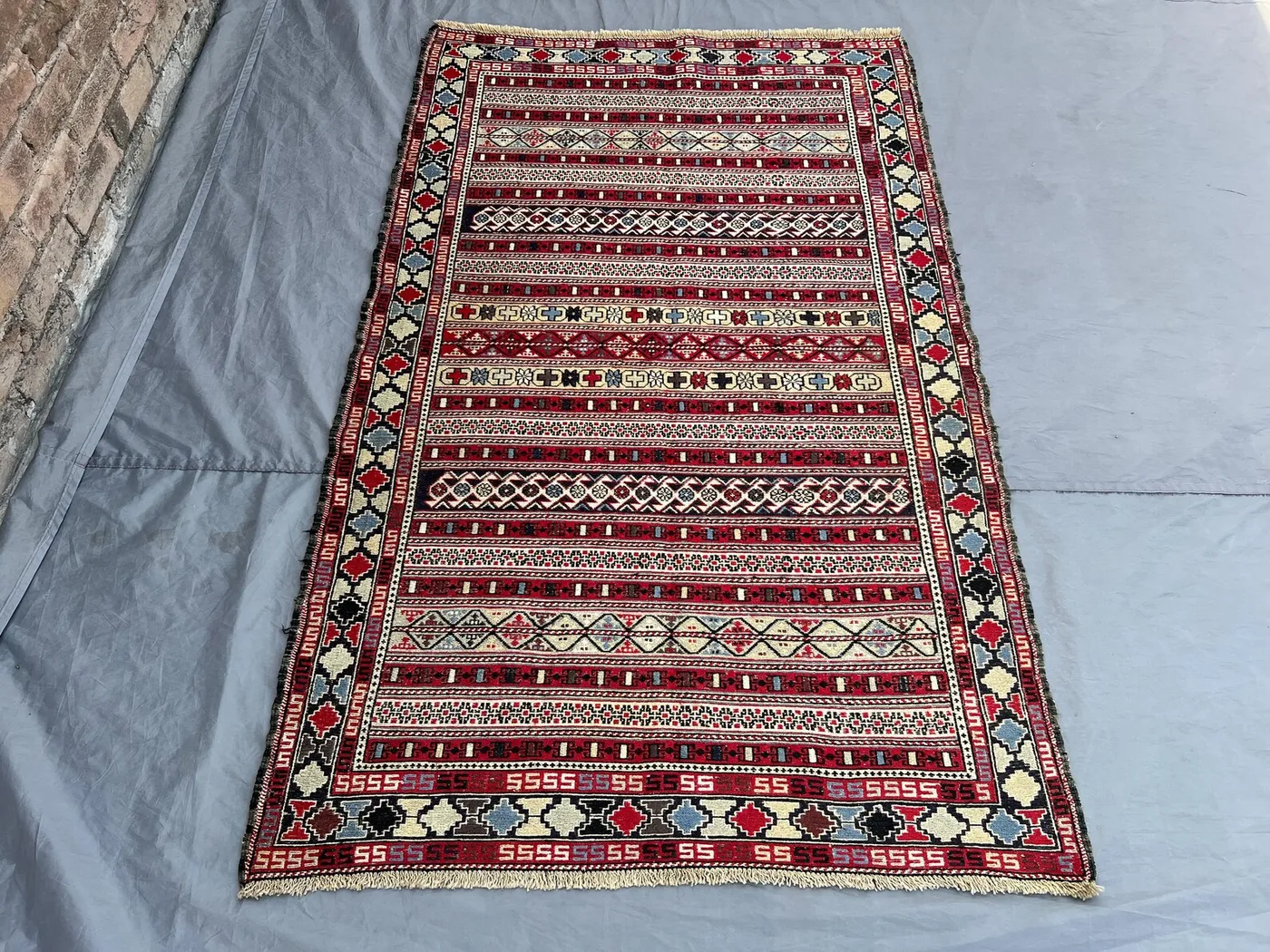 Vintage Afghan Sumak Rug 120x186 cm, Flatweave Wool Geometric Kilim | Nomadic Striped Accent Carpet | Handwoven Tribal Area Rug, Bedroom Rug