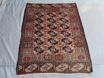 4x5 Antique Turkmen Bukhara Rug | Afghan Hand Knotted Wool Carpet | Octagon Gul Design | Rare Oriental Tribal 