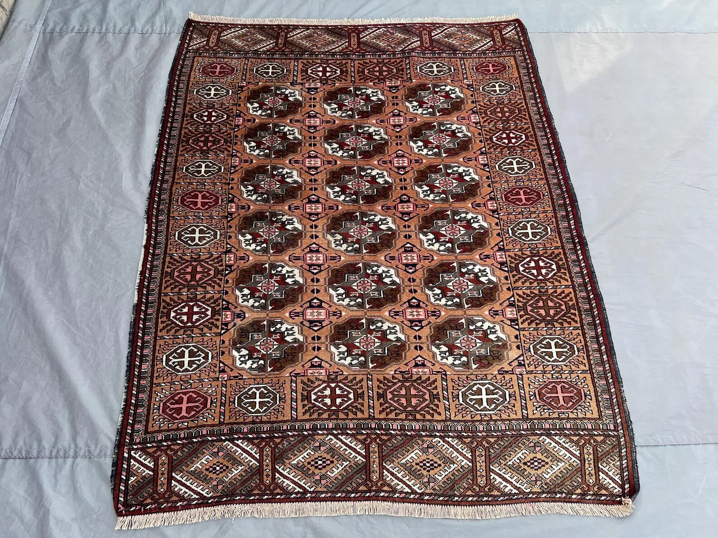 4x5 Antique Turkmen Bukhara Rug | Afghan Hand Knotted Wool Carpet | Octagon Gul Design | Rare Oriental Tribal Decor | Nomadic Art Rug