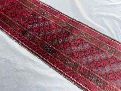 Antique 2x7.3 ft Afghan Runner Rug | Hand Knotted Wool Tribal Hallway Carpet | Red & Black Gul Design | Vintag