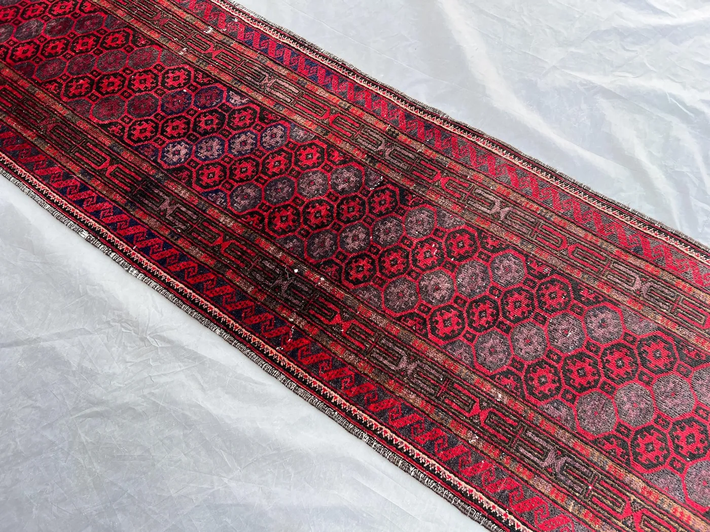 Antique 2x7.3 ft Afghan Runner Rug | Hand Knotted Wool Tribal Hallway Carpet | Red & Black Gul Design | Vintage Nomadic Long Floor Rug