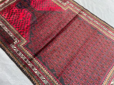 Vintage 3.4x5.2 Afghan Prayer Rug | Hand Knotted Wool Sajjadah | Islamic Red Mihrab Carpet | Tribal Muslim Dec