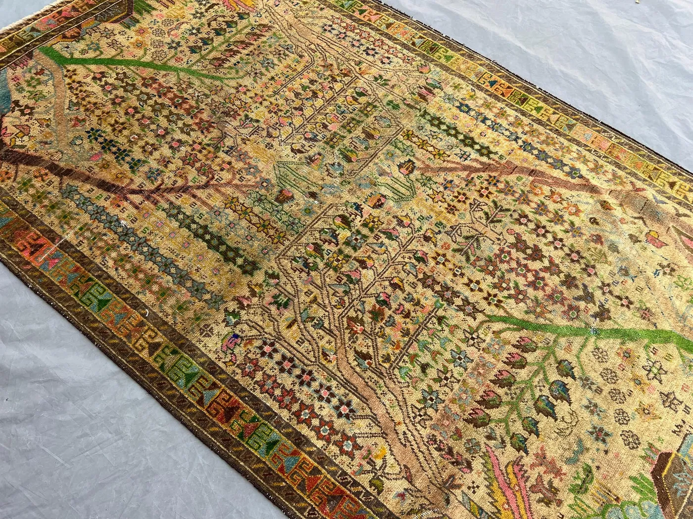 Antique Tree of Life Rug 3.9x6.5 ft | Afghan Hand Knotted Wool Rug | Pictorial Oriental Carpet | Vintage Floral Rug for Living Room Decor