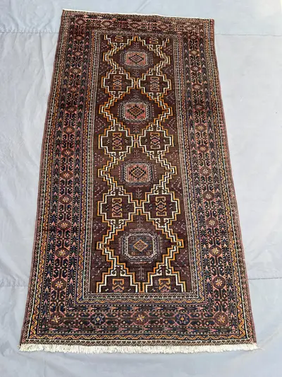 3x6 Antique Afghan Baluchi Rug | 1960s Tribal Wool Runner | Geometric Hand Knotted Carpet | Rare Nomadic Entry