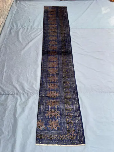 Antique Afghan Runner Rug 2x10 | Narrow Wool Tribal Corridor Carpet | Blue Geometric Hand Knotted Long Hallway