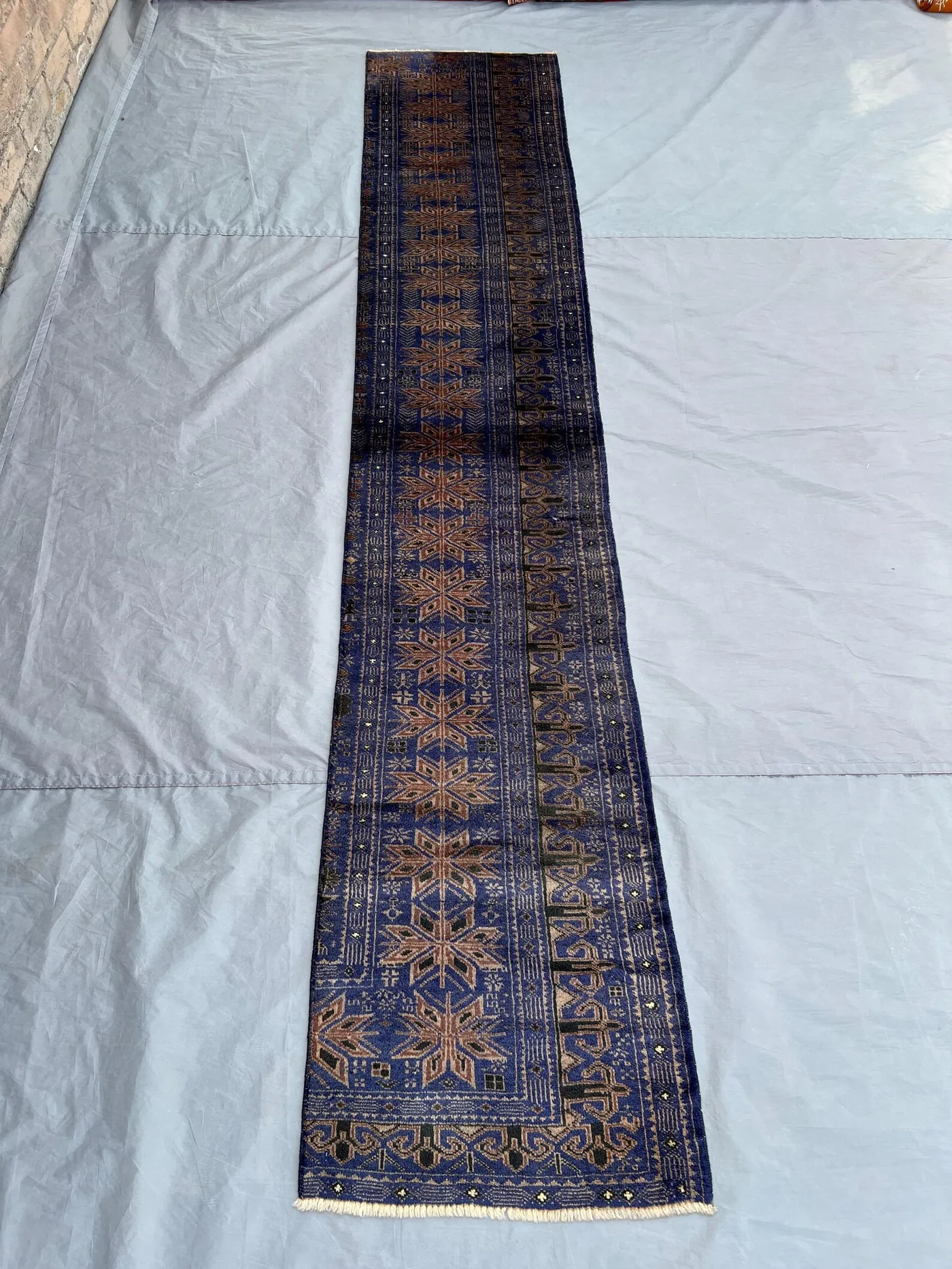 Antique Afghan Runner Rug 2x10 | Narrow Wool Tribal Corridor Carpet | Blue Geometric Hand Knotted Long Hallway Area Rug, Entryway Rug